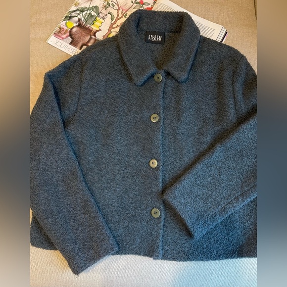 Eileen Fisher Wool Blend Bouclé Cropped Blazer In Teal Size M - Picture 6 of 10